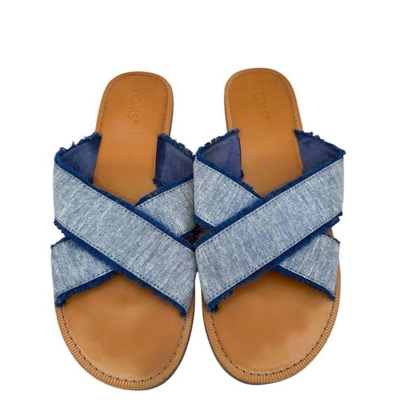 TOMS Viv Blue Slub Chambray Crossover Slide Sandals Size 10 - Picture 5 of 8